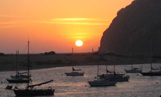 Sunset over Morro Bay with Morro Rock an ancient volcanic plug