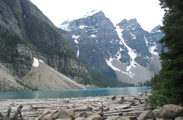 Talus slopes along shores of Moraine Lake