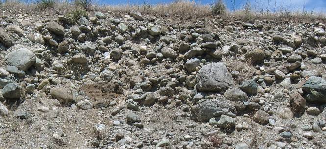 conglomerate in the hydraulic mining scar along the Salmon River north of Riggins, Idaho