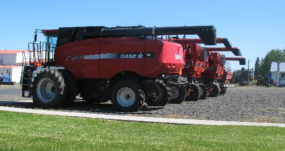 Case harvesters on display at the dealer in Nezperce, Idaho in the Camas Valley