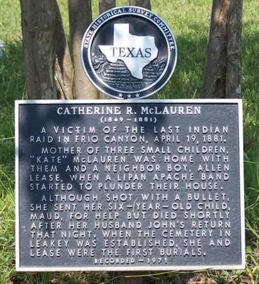 Texas Historical Marker in Leakey Cemetery honoring victim of last indian raid back in Frio Canyon 1881