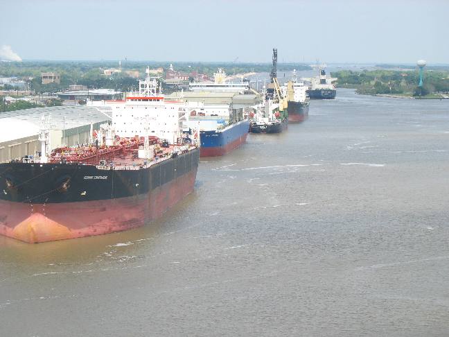 View of port facilities at Port Arthur from Rainbow Bridge over Neches River