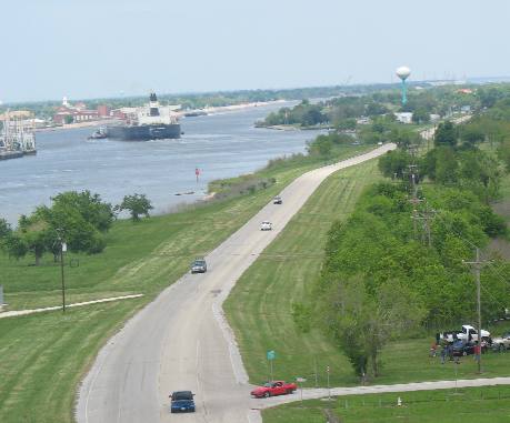 View of port facilities at Port Arthur from Rainbow Bridge over Neches River