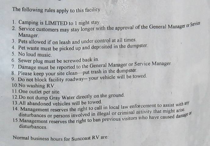 Rules for the FREE FHU (Full-Hook-Up) sites Overnight Campsites at Suncoast RV Calera, Alabama
