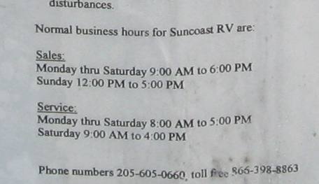 Contact information for Suncoast RV in Calera, Alabama