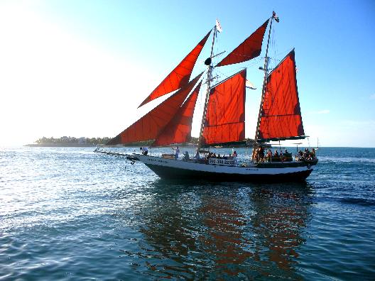 Bright red sails on the Jolly II Rover passing by Mallory Square with Sunset Key in the background