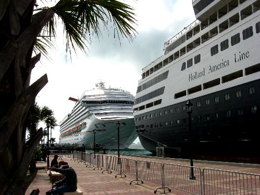 Two giant cruise ships in port at Mallory Square in Key West