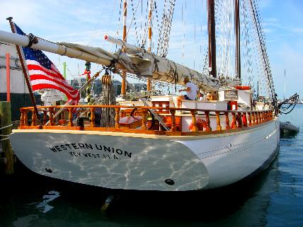 Tall sailing ship Western Union docked along Harbor Walk in Key West Bight Marina