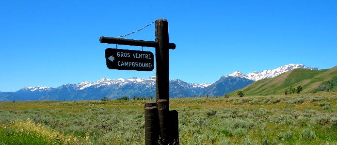 Sign for Gros Ventre Campground on Gros Ventre Road near Kelly, Wyoming