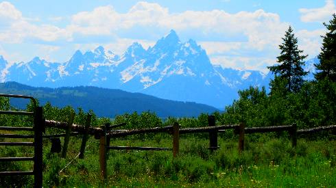 Grand Teton Mountain in Grand Teton National Park as seen from the town of Kelly, Wyoming