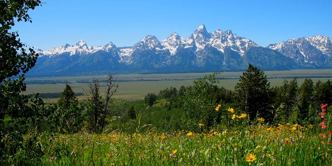 The Teton Range and Grand Teton Mountain as seen from a mountain on the eastern side of Antelope Flats in Grand Teton National Park