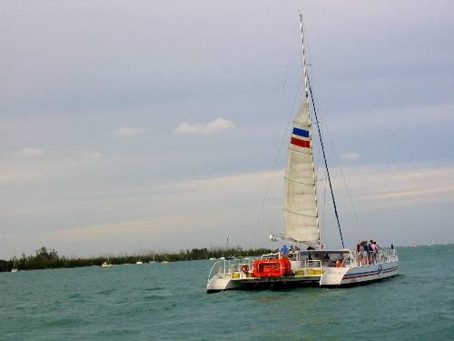 One of the Fury catamarans slowly cruising past Sunset Pier with Wisteria Island in the background