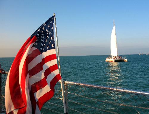 Sebago catamaran as seen from the deck of the Party Cat in February of 2012