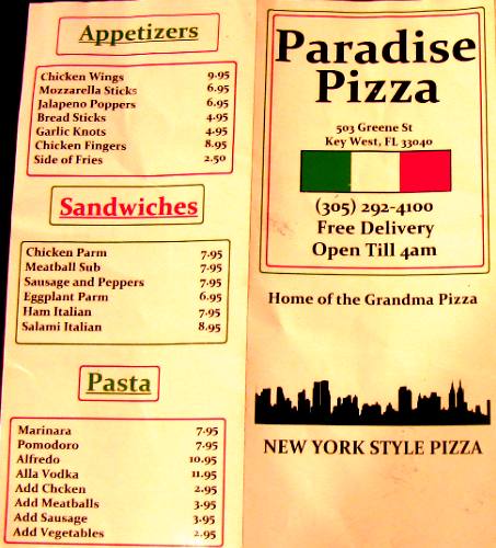 Menu from Paradise Pizza in Key West, Florida