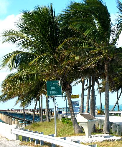 Marker on one side of the famous Seven Mile Bridge on the Overseas Highway (US-1) in the Florida Keys
