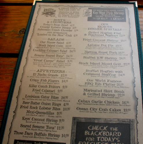Menu at the world famous Hogfish Grill in Key West, Florida