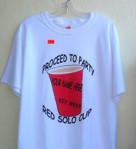 Personalized Red Solo Cup T-shirt being sold along Harbor Walk at Key West Bight Marina