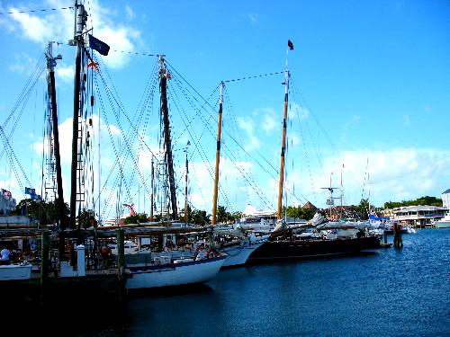 Appledore, Western Union and America II sailing schooners docked in Key West Bight Marina along Harbor Walk
