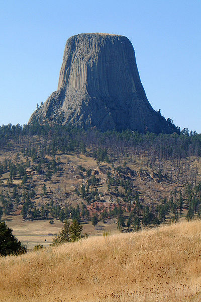 Devils Tower in northeastern Wyoming is the classic volcanic plug