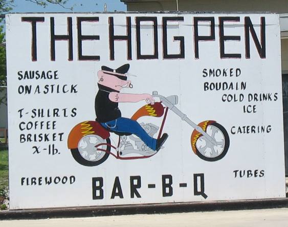 Sign in front of The Hog Pen restaurant in Leakey, Texas