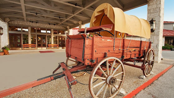 Old Wagon outside the Y.O. Ranch Inn in Kerrville